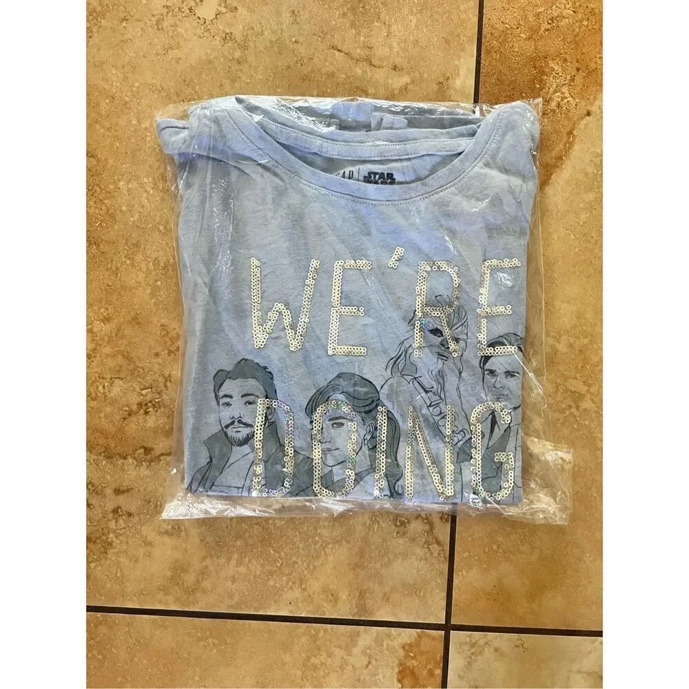 Gap x Star Wars Blue Sequin We’re Doing This My Way Graphic T Shirt Girls L RARE